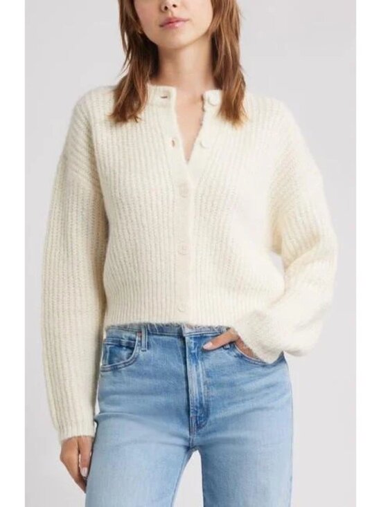Open Edit Sweaters - Nordstrom Open Edit Fuzzy Crewneck Cardigan in Ivory Size Small